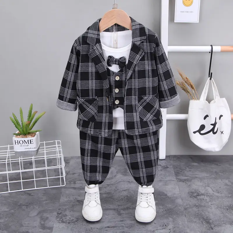 2021 Boys' Printed Cotton Suit Three-Piece Set Beige - Image 3