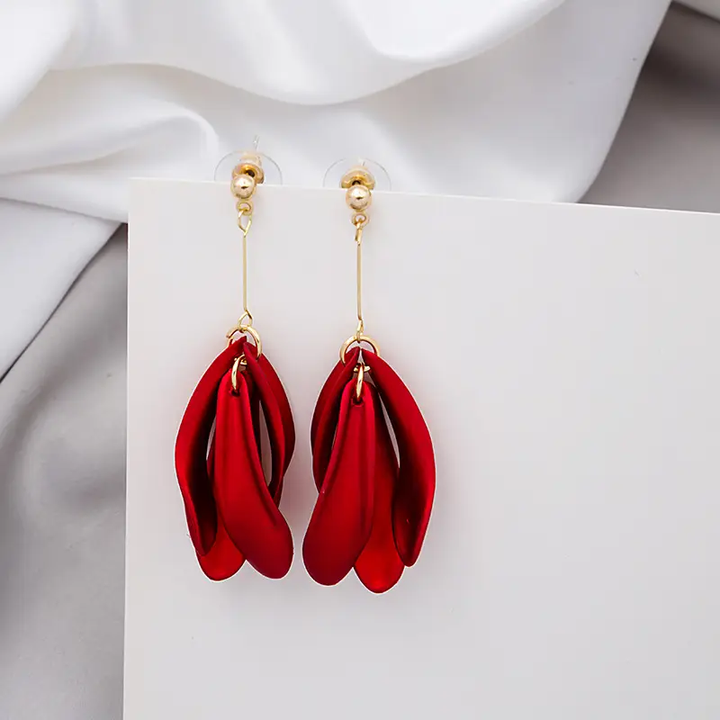 Red Petals Long Tassel Earrings for Women