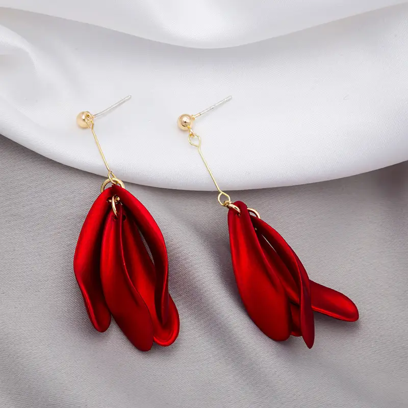 Red Petals Long Tassel Earrings for Women