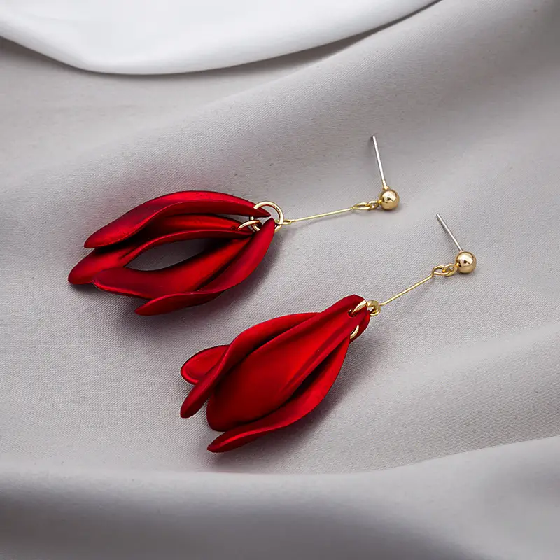 Red Petals Long Tassel Earrings for Women