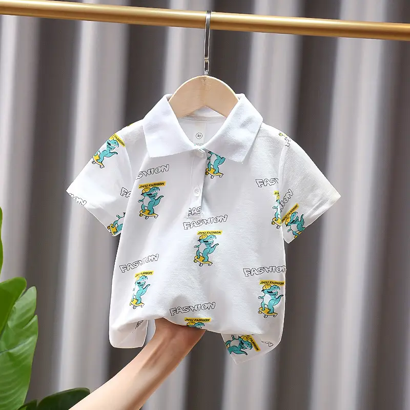 Dinosaur Printed Boys Summer Polo Shirt White - Image 6