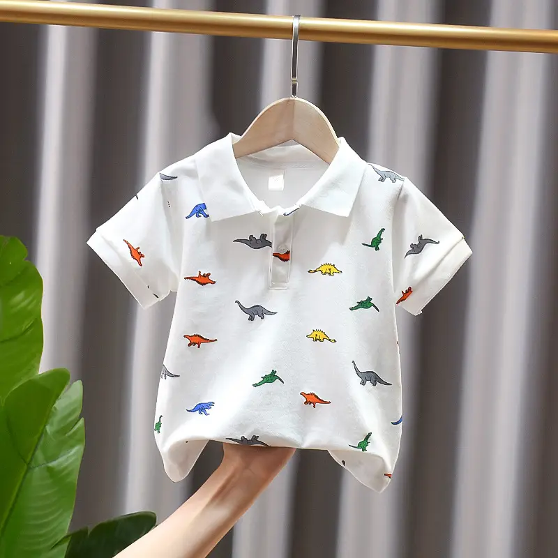 Dinosaur Printed Boys Summer Polo Shirt White - Image 7