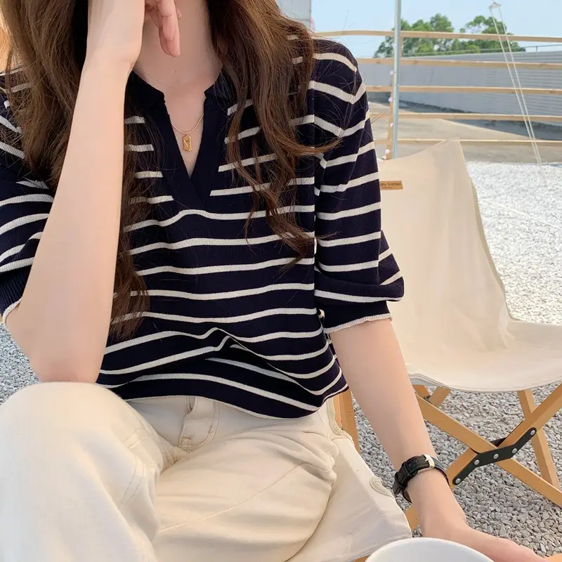 Women Striped Silk Sweater Ice Cool Loose Sleeve - Image 7