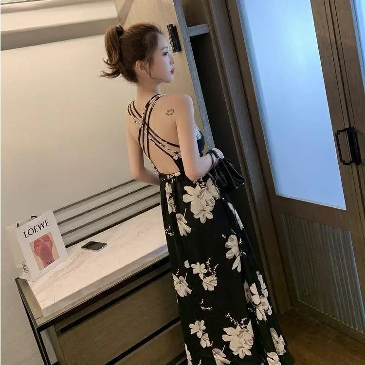Black Floral Backless Spaghetti Strap Dress for Women - Image 5