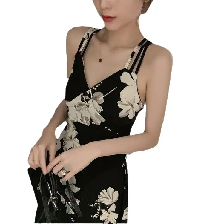 Black Floral Backless Spaghetti Strap Dress for Women - Image 7