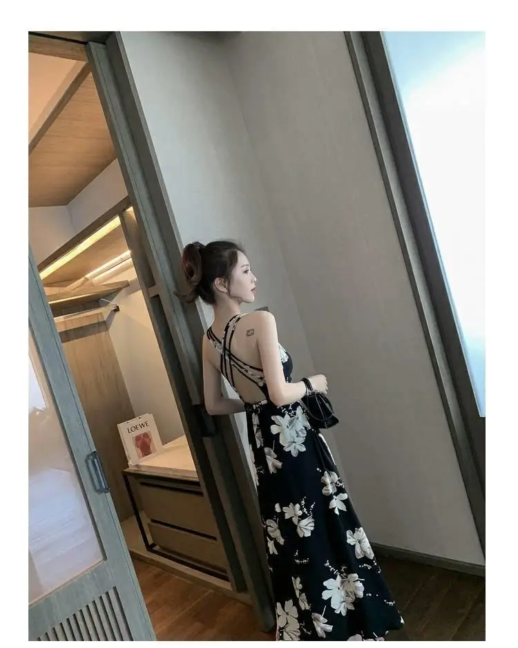 Black Floral Backless Spaghetti Strap Dress for Women — feature 7