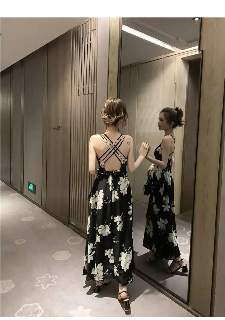 Black Floral Backless Spaghetti Strap Dress for Women — feature 8