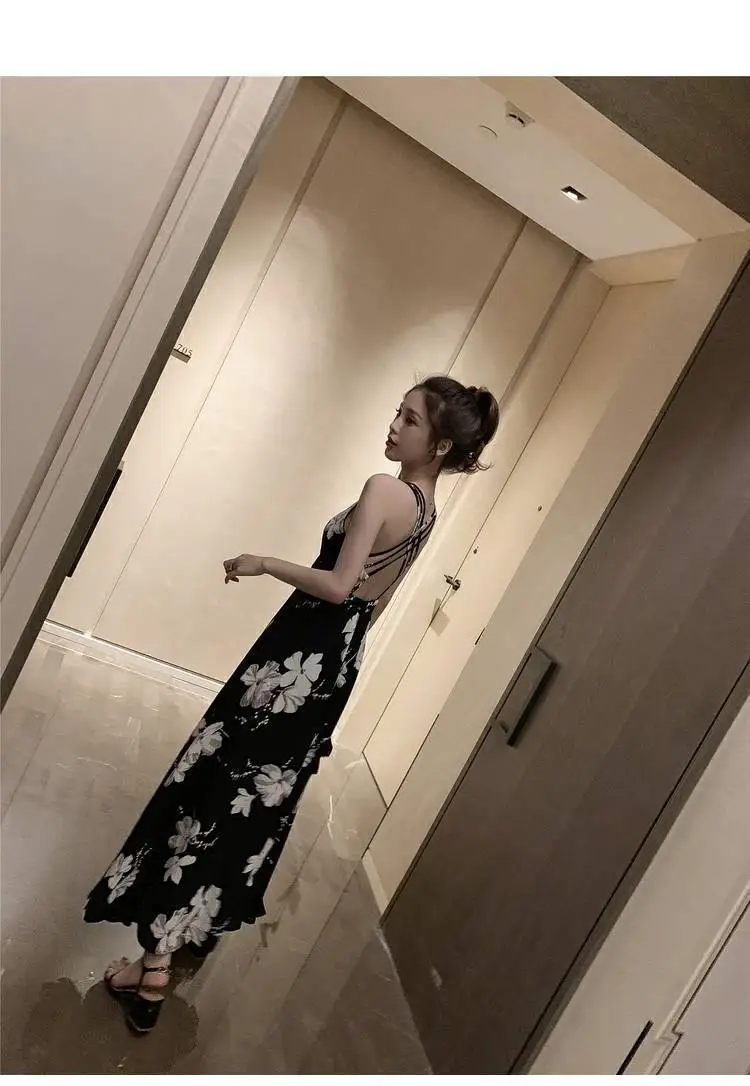 Black Floral Backless Spaghetti Strap Dress for Women — feature 9