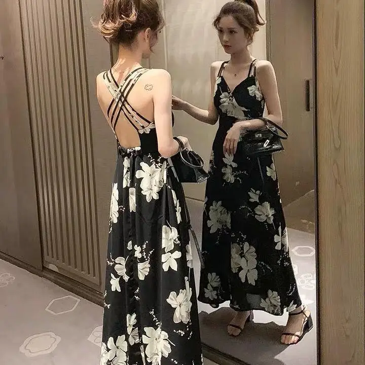 Black Floral Backless Spaghetti Strap Dress for Women - Image 2