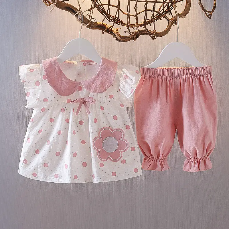 Girls Summer Polka Dot Top & Shorts Set Pink White - Image 2