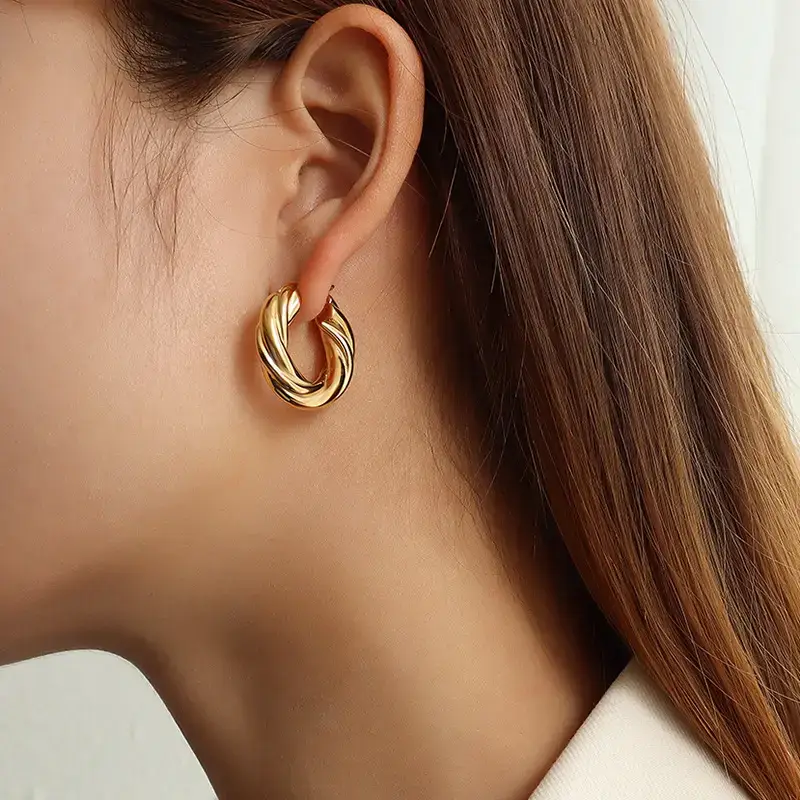 Tone Striped Titanium Steel Earrings 18K Gold - Image 5