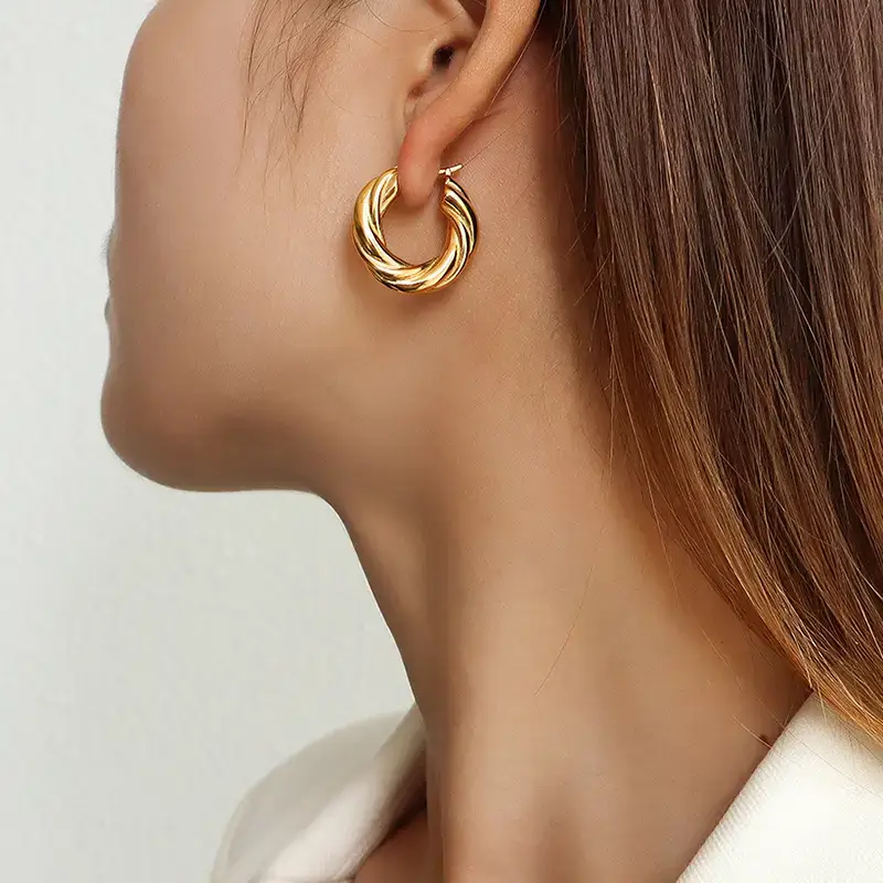 Tone Striped Titanium Steel Earrings 18K Gold - Image 6