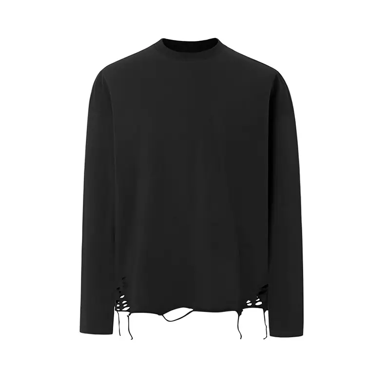 Men Black Distressed Long Sleeve T-Shirt