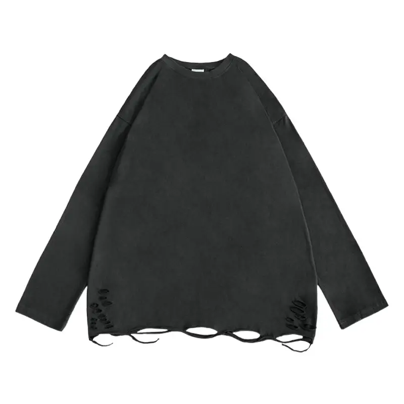 Men Black Distressed Long Sleeve T-Shirt
