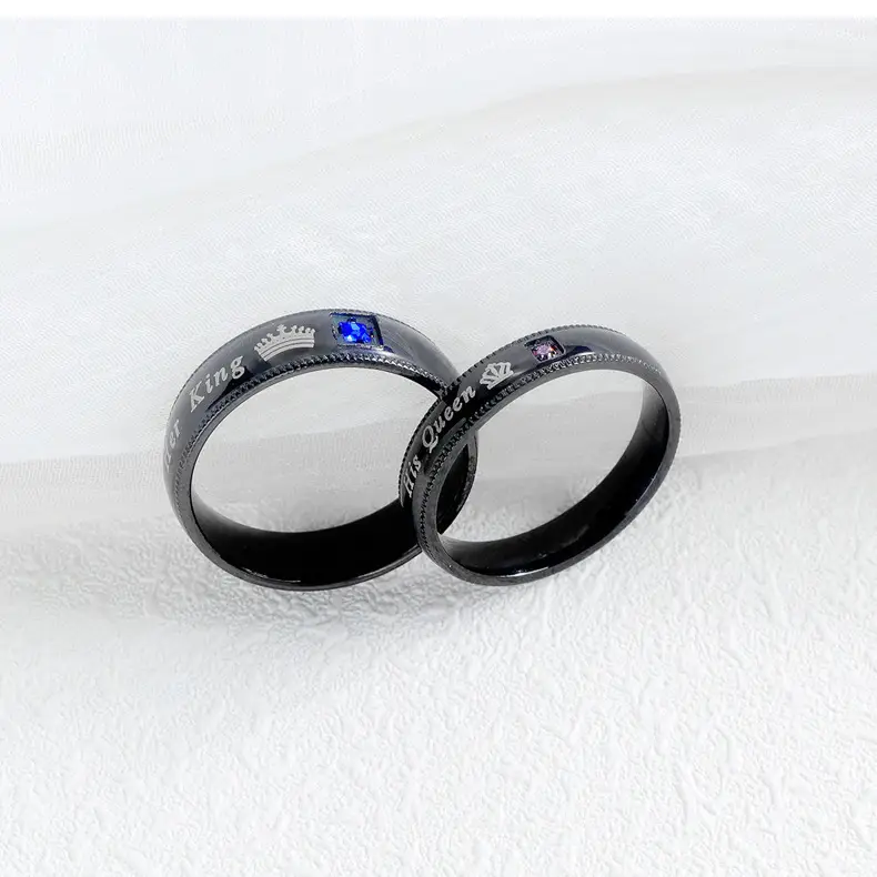 Black Crown Queen Titanium Steel Couple Ring with Letter Engraving - Image 5