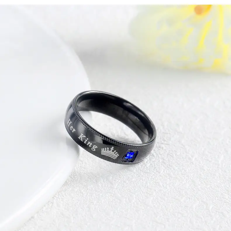 Black Crown Queen Titanium Steel Couple Ring with Letter Engraving - Image 6