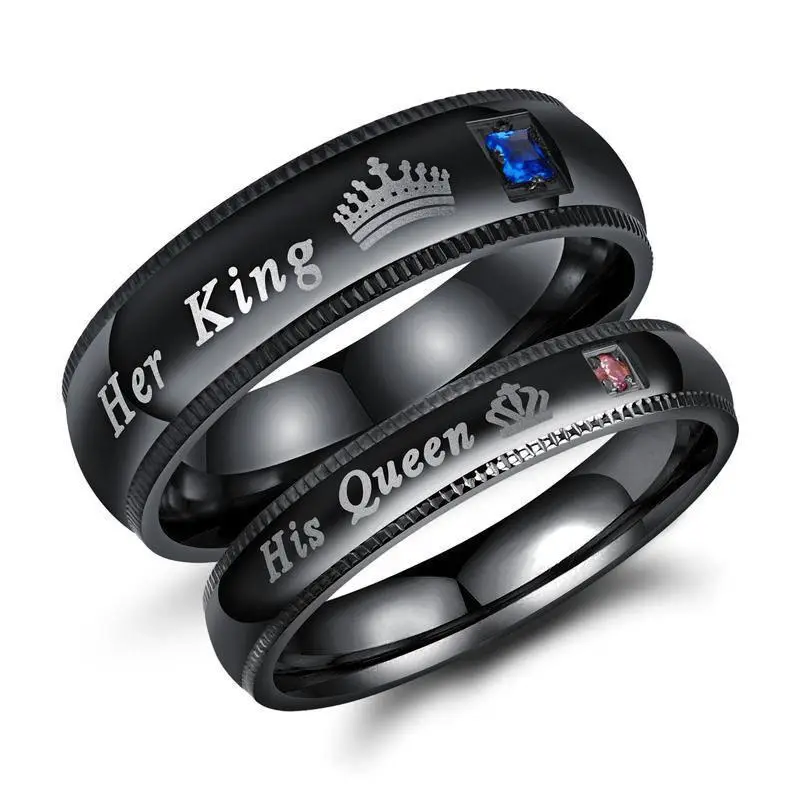 Black Crown Queen Titanium Steel Couple Ring with Letter Engraving - Image 7