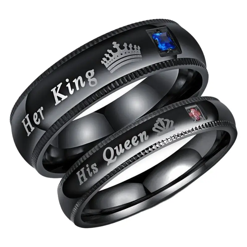 Black Crown Queen Titanium Steel Couple Ring with Letter Engraving