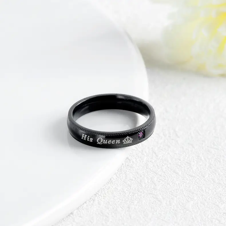 Black Crown Queen Titanium Steel Couple Ring with Letter Engraving - Image 2