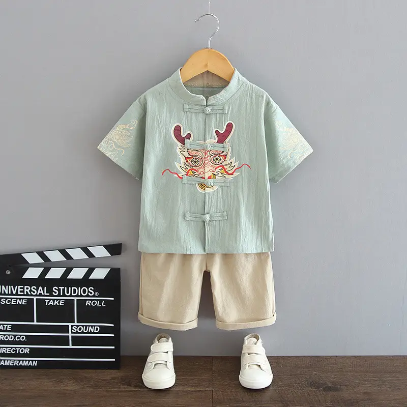 Red Dragon Print Boys Summer Tang Suit Set