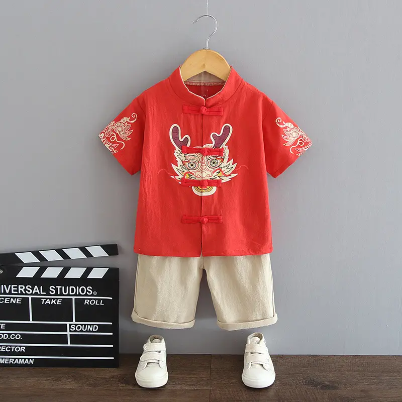 Red Dragon Print Boys Summer Tang Suit Set
