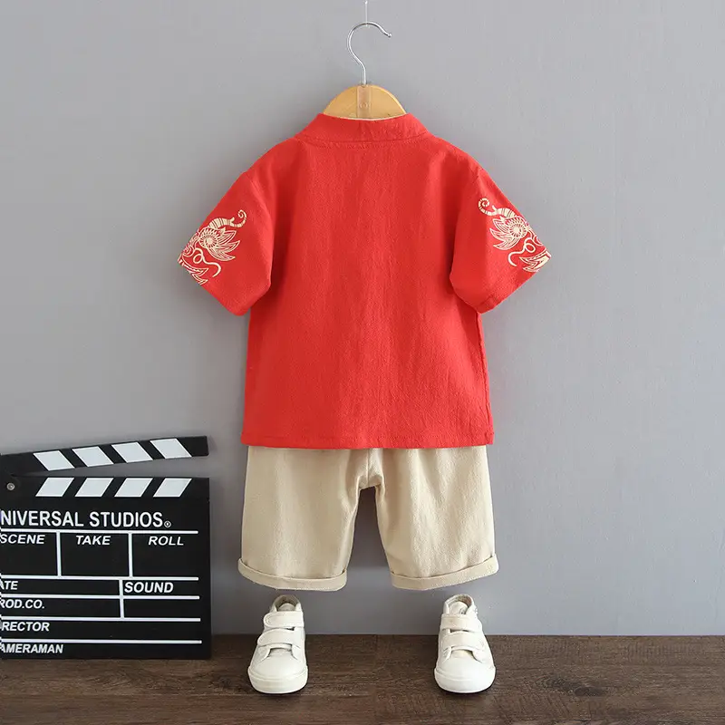 Red Dragon Print Boys Summer Tang Suit Set