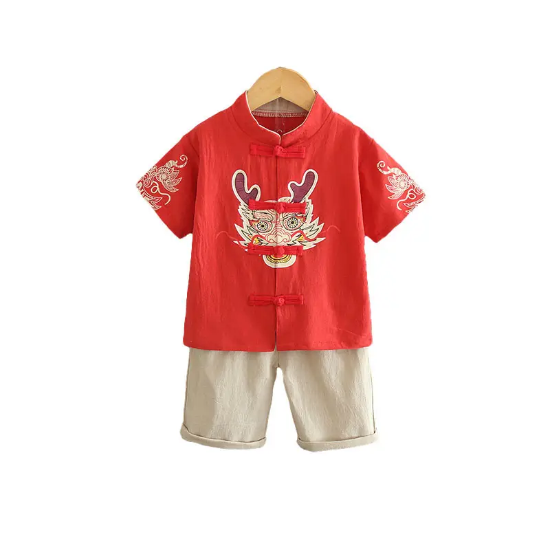 Red Dragon Print Boys Summer Tang Suit Set