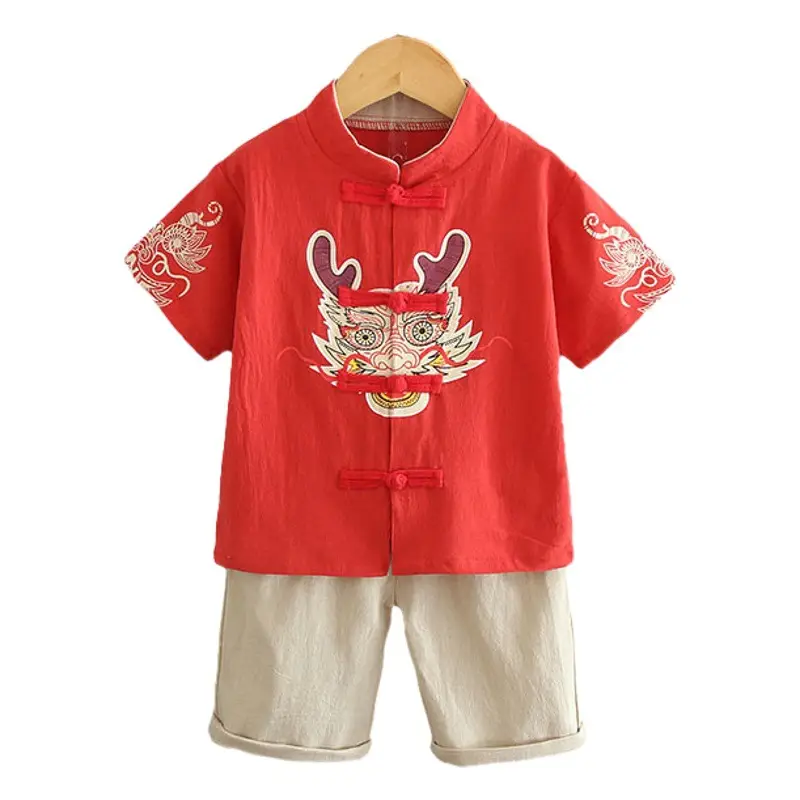 Red Dragon Print Boys Summer Tang Suit Set