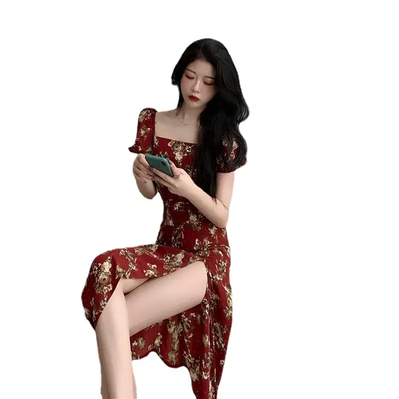 Sexy Floral Long Dress with Split Waist and Square Collar - Image 5