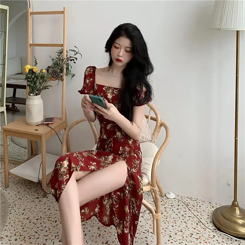 Sexy Floral Long Dress with Split Waist and Square Collar — feature 3