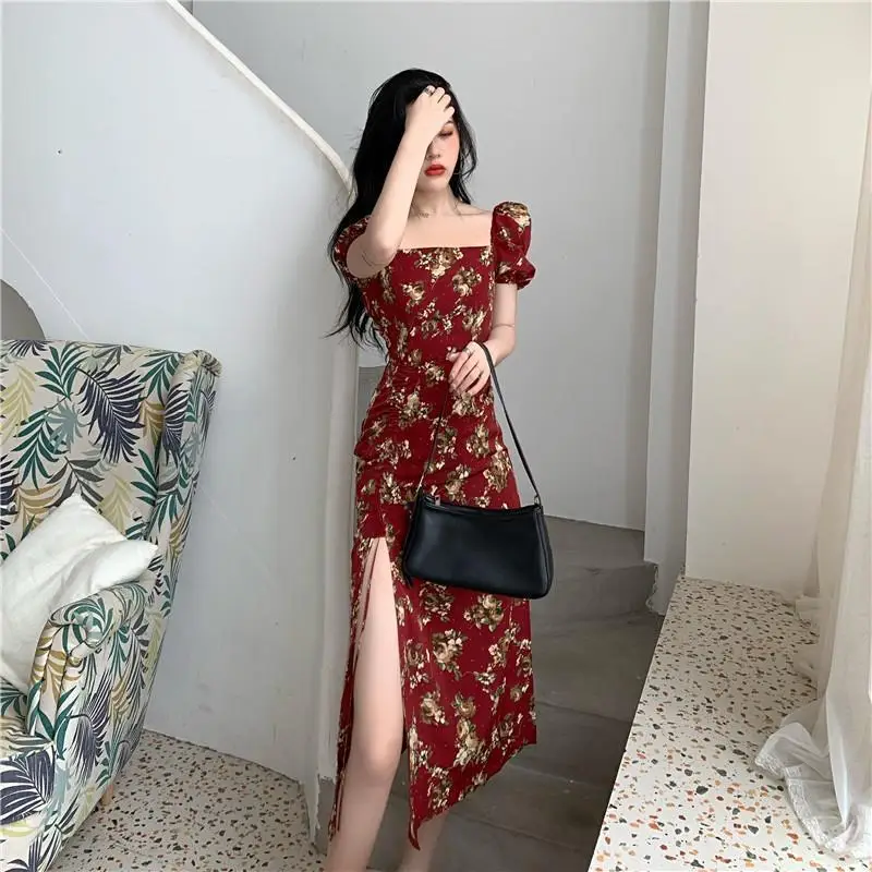 Sexy Floral Long Dress with Split Waist and Square Collar — feature 5