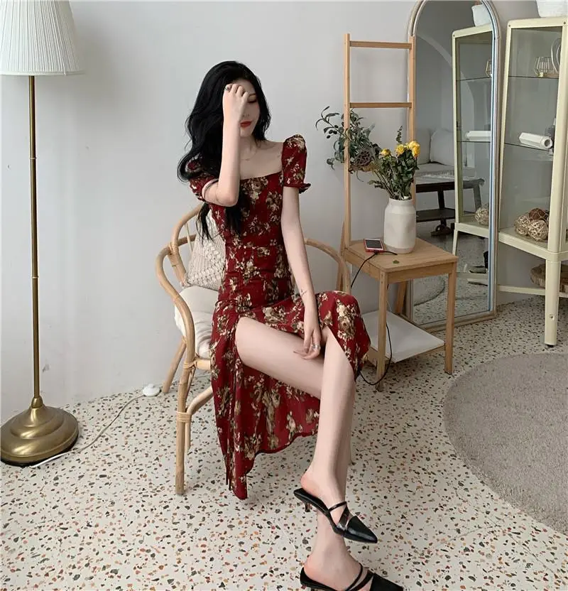 Sexy Floral Long Dress with Split Waist and Square Collar — feature 8