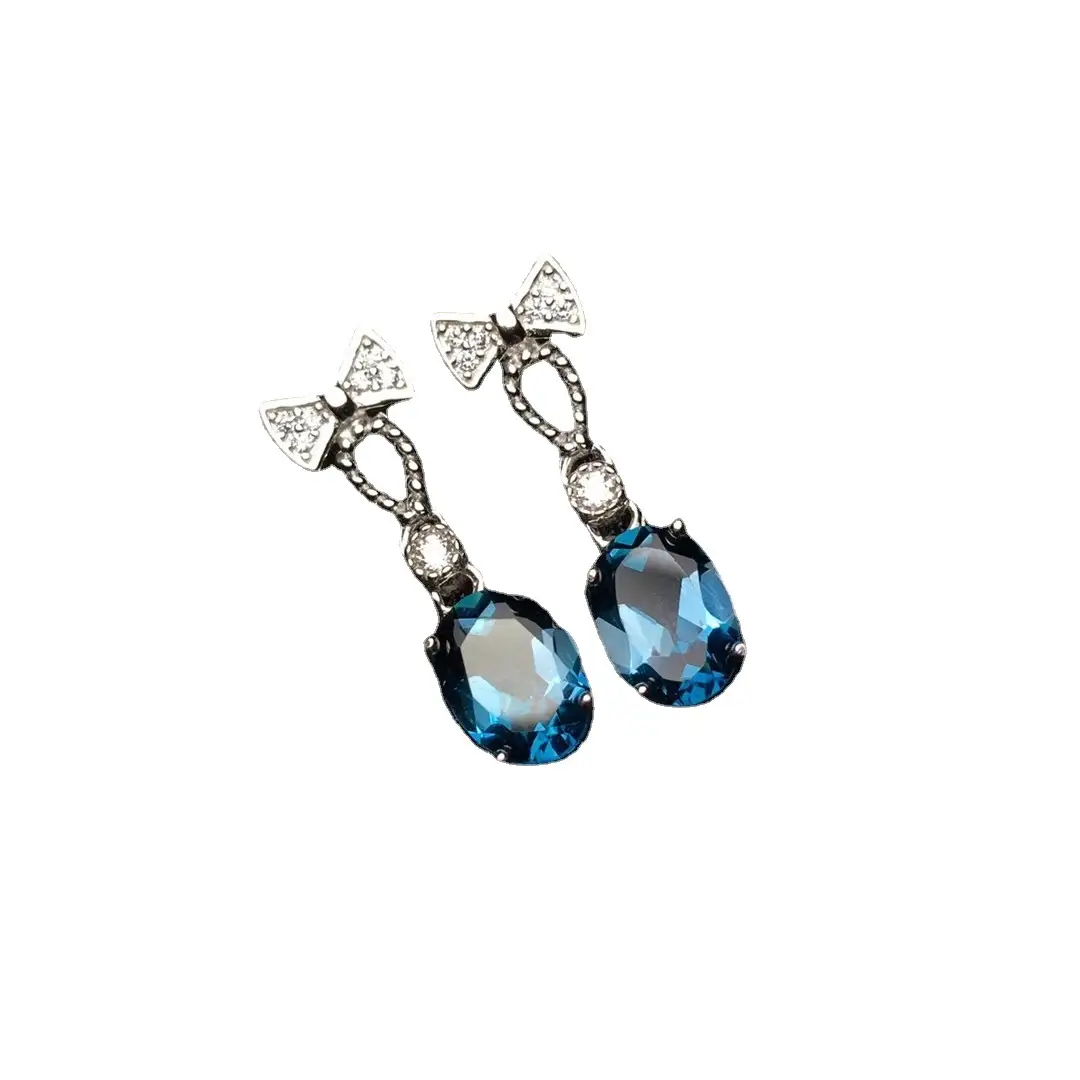 Platinum Plated Blue Topa Earrings with Bow Design - Image 5