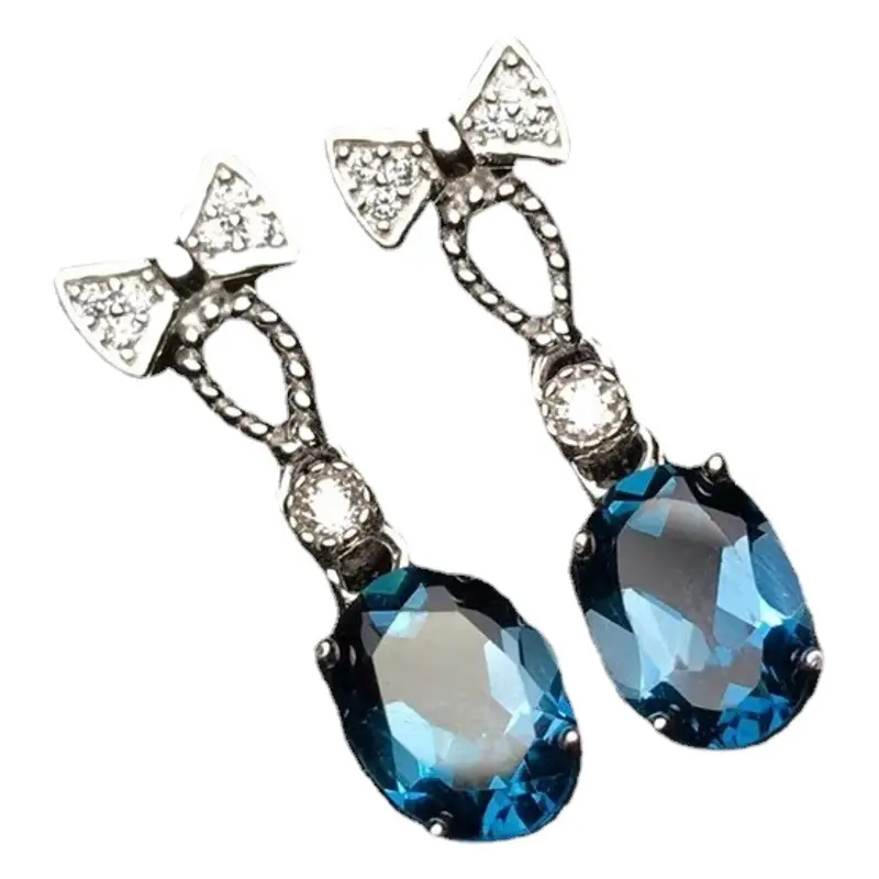 Platinum Plated Blue Topa Earrings with Bow Design
