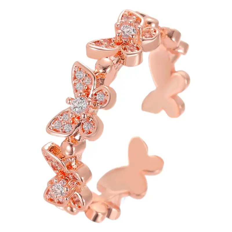Rose Gold Butterfly Zircon Adjustable Ring for Women