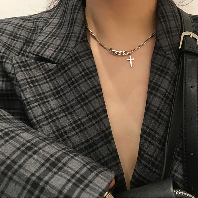 Asymmetric Metal Cross Necklace for Women Punk Style