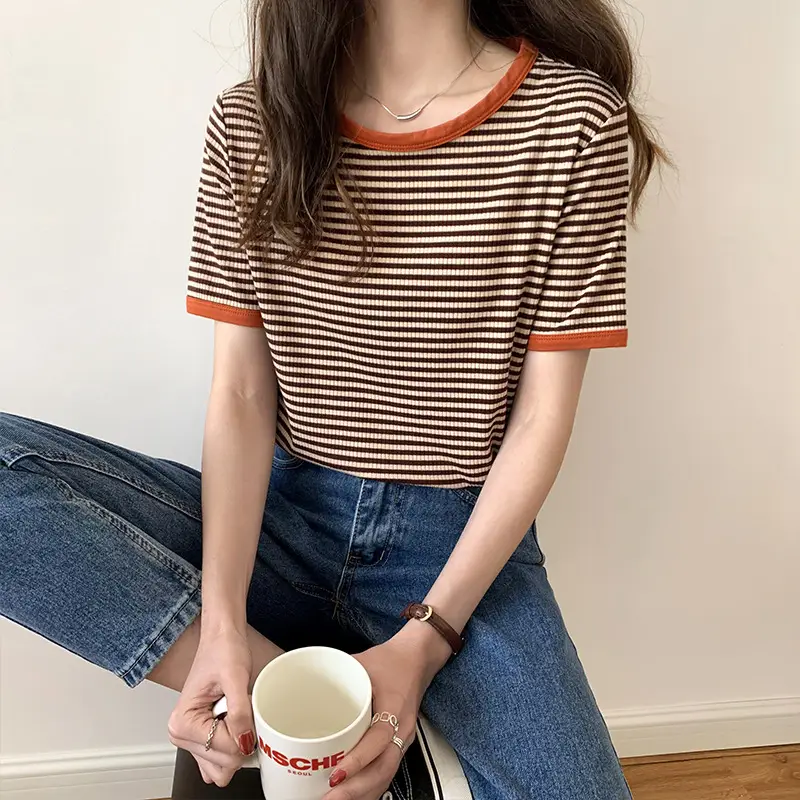 Women Striped Short Sleeve T-Shirt Summer Casual Loose Fit