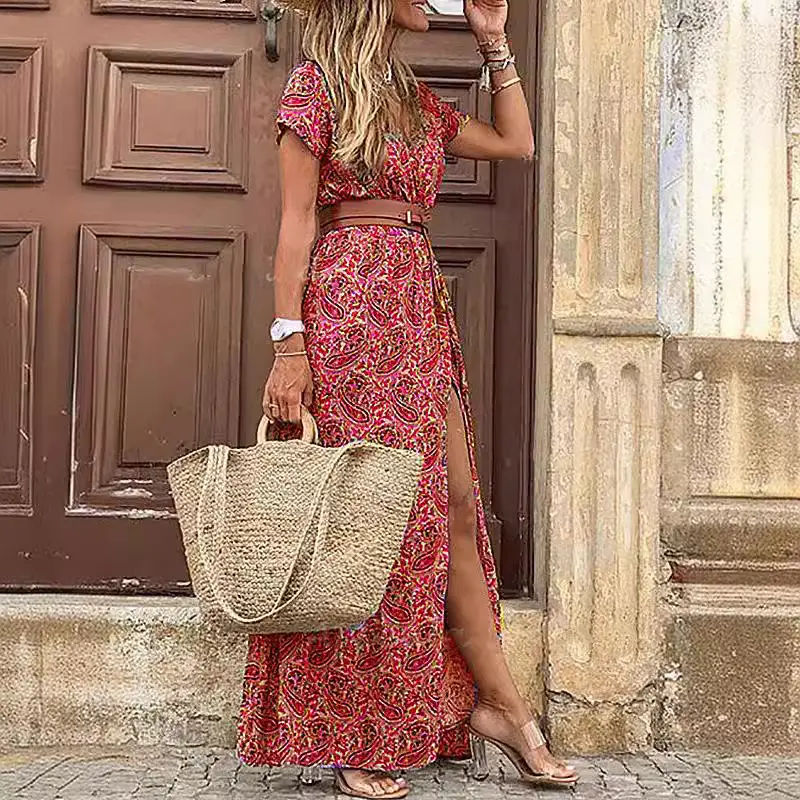 AliExpress V-Neck Floral Long Sleeve Dress Maroon - Image 12