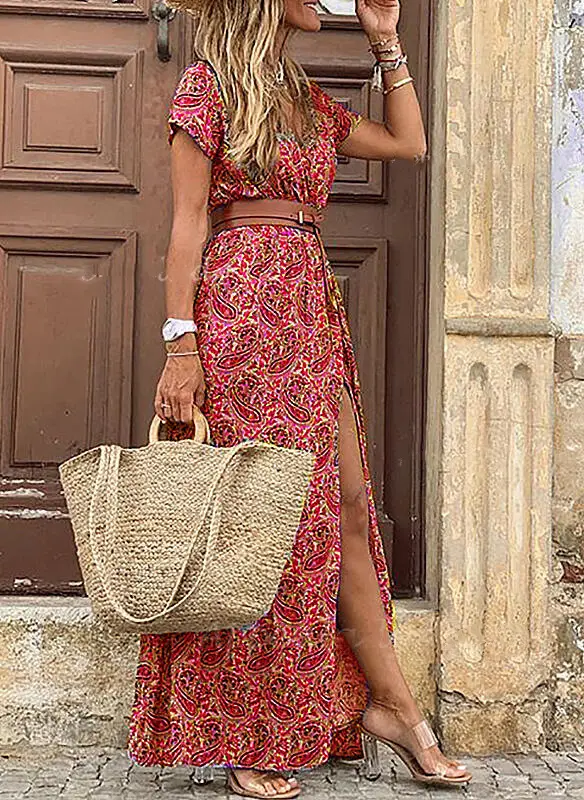 AliExpress V-Neck Floral Long Sleeve Dress Maroon - Image 7