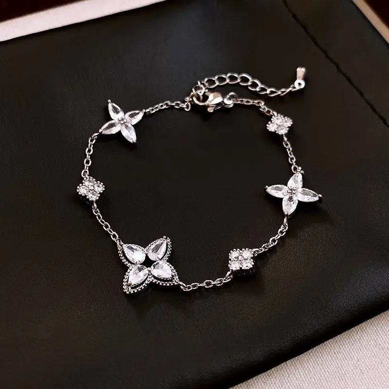 Flower & Cat's Eye Bracelet for Women Adjustable Silver
