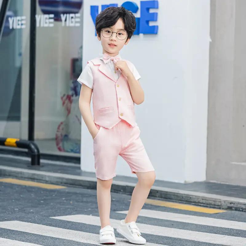 Boys Pink Plaid Vest Shorts Set Summer - Image 7