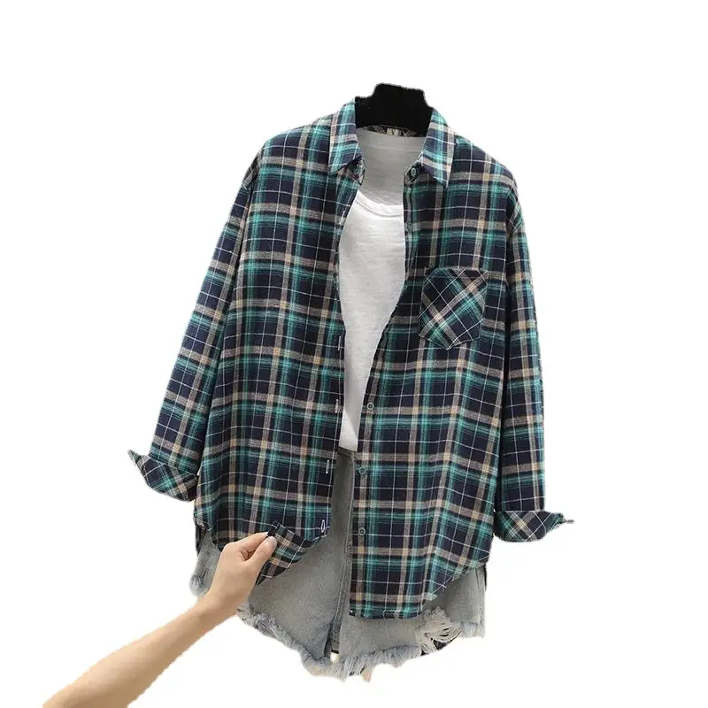 Women Cotton Plaid Long Sleeve Jacket Grey Black - Image 8