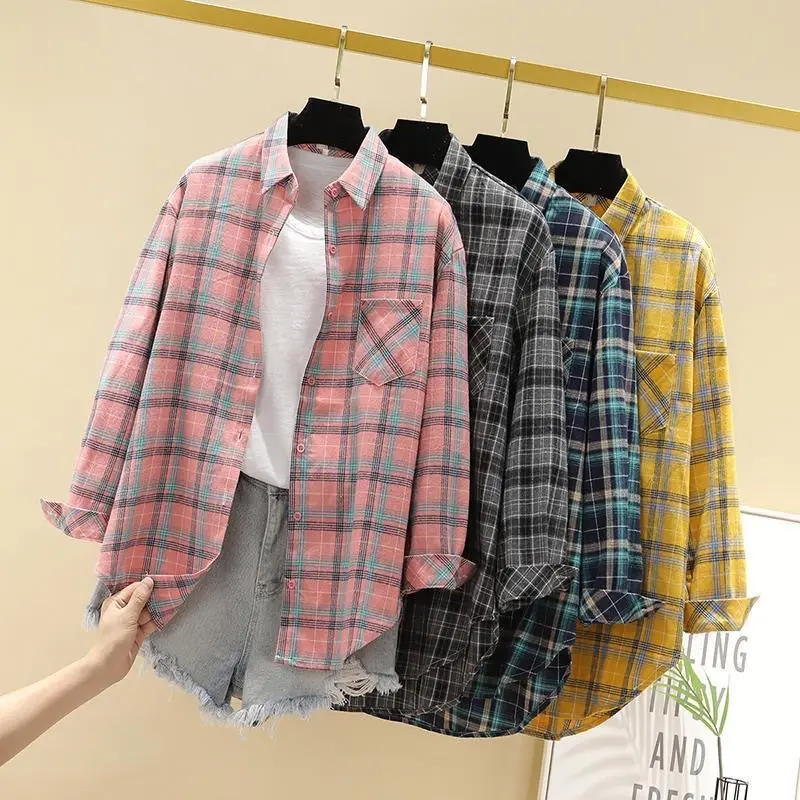 Women Cotton Plaid Long Sleeve Jacket Grey Black — feature 1