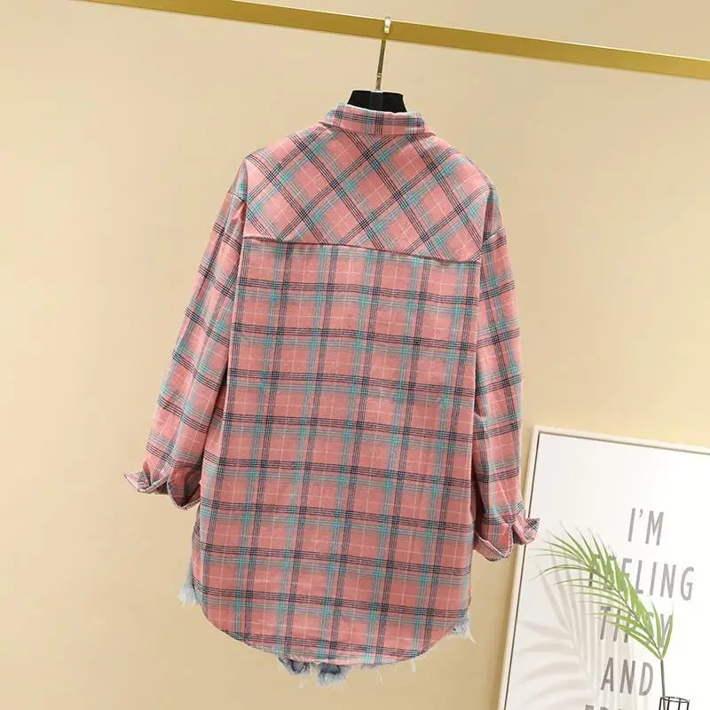 Women Cotton Plaid Long Sleeve Jacket Grey Black — feature 15