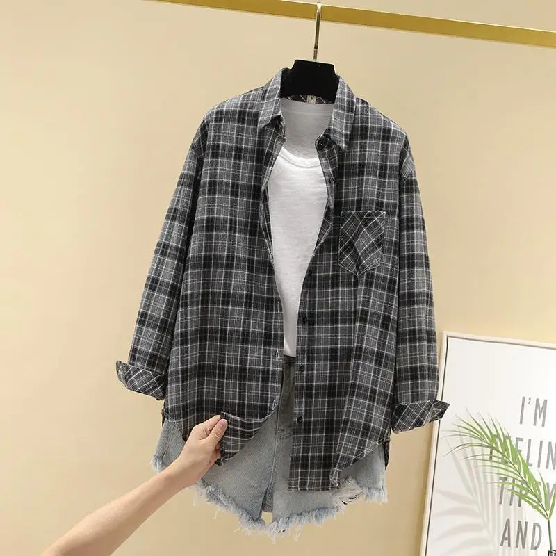 Women Cotton Plaid Long Sleeve Jacket Grey Black — feature 4