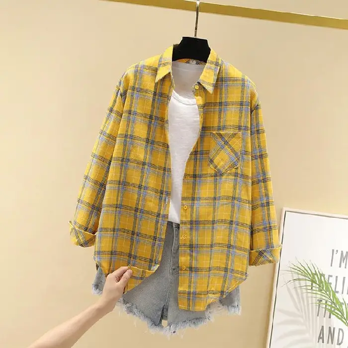 Women Cotton Plaid Long Sleeve Jacket Grey Black - Image 3