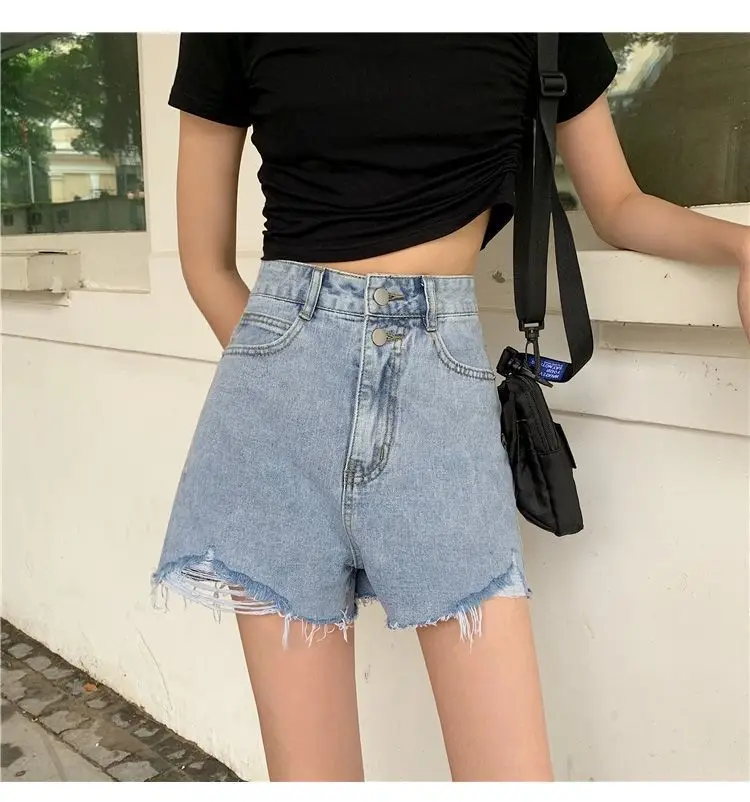 Women Denim Shorts Black High Waist Ripped 2021 — feature 12