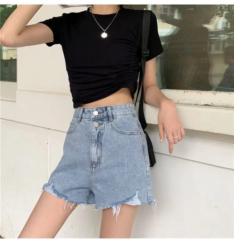 Women Denim Shorts Black High Waist Ripped 2021 — feature 13