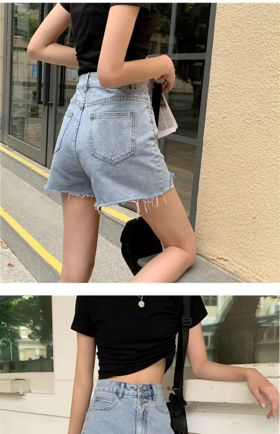 Women Denim Shorts Black High Waist Ripped 2021 — feature 14