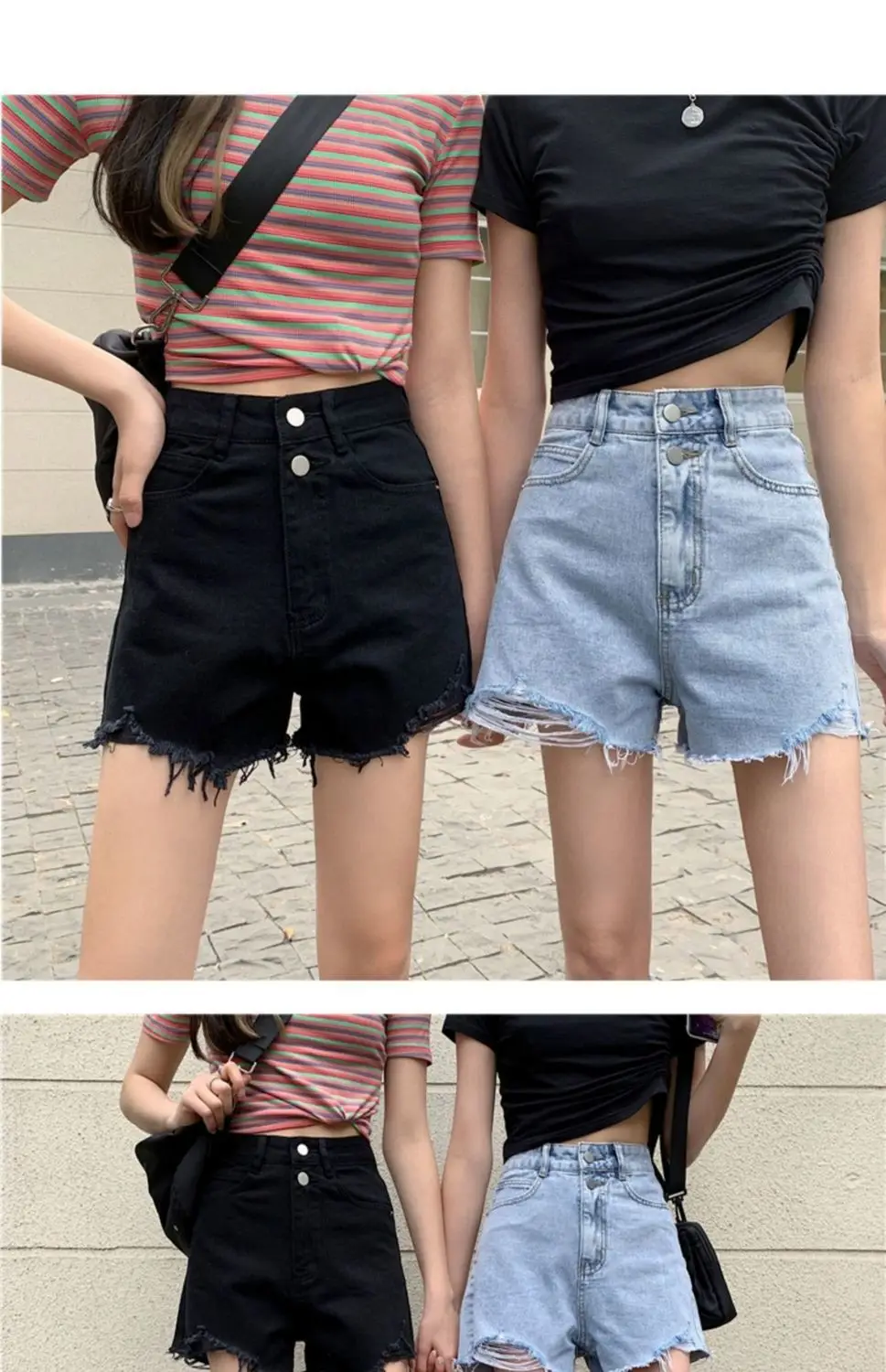 Women Denim Shorts Black High Waist Ripped 2021 — feature 16